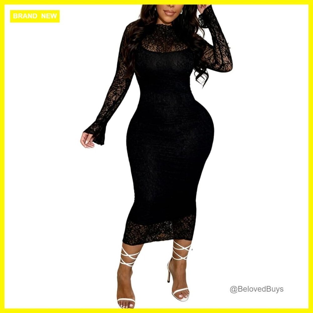 Long Sleeve Lace Mesh Bodycon Midi Dress Set 2 Piece Sexy Outfit